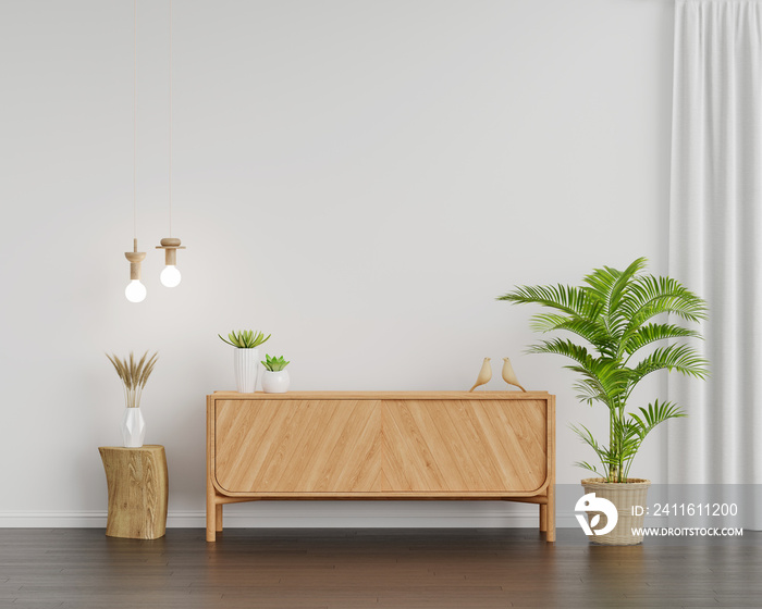 Wood sideboard in living room with copy space, 3D rendering