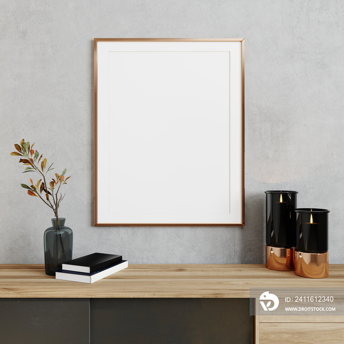 Mockup frame in cozy light minimalist living room interior close up, Scandinavian interior backgroun