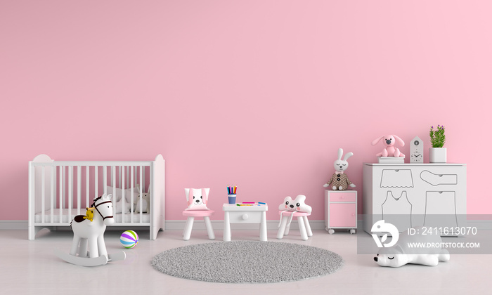 Pink child room interior with copy space, 3D rendering