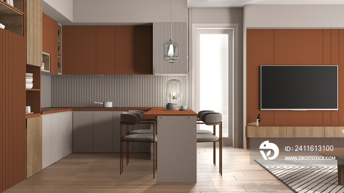 现代公寓中舒适的橙色和木制厨房，窗户，带陶器和平底锅的橱柜，贴花