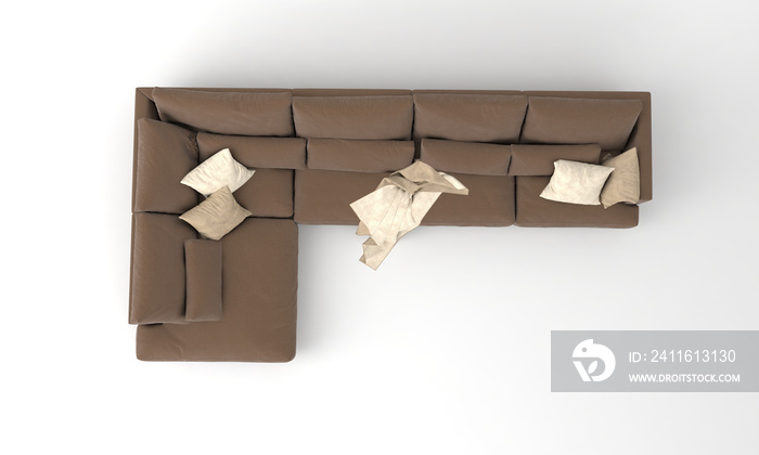 Top view of a 3D rendered modern corner sofa of brown color on a white background