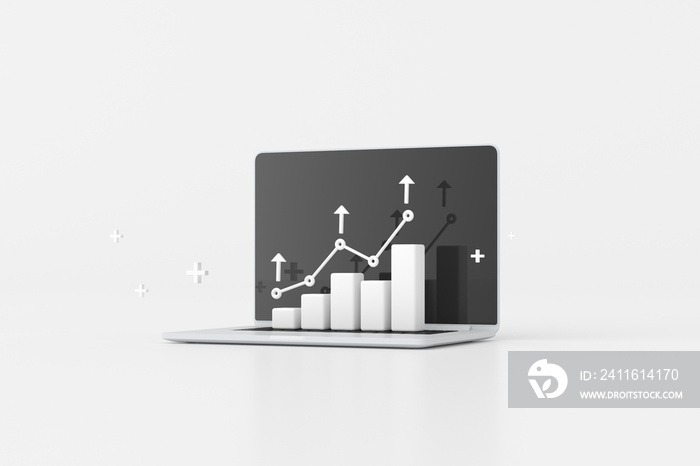 笔记本电脑与股票交易图、增长战略图、云计算的图解。3d渲染图