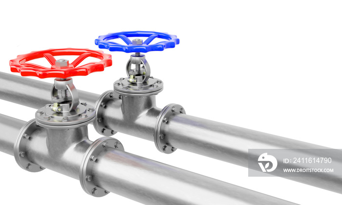 3d render blue and red valves on steel pipes diagonal view isolated on a white background.Illustrati