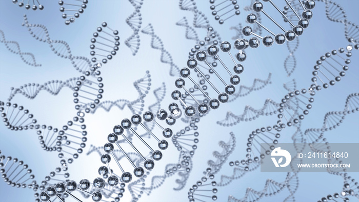 DNA molecules chains floating in water. Abstract dna from glass material. One Dna chain is in focus 