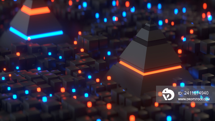 Pyramids and nformation blocks in cyberspace 3D render