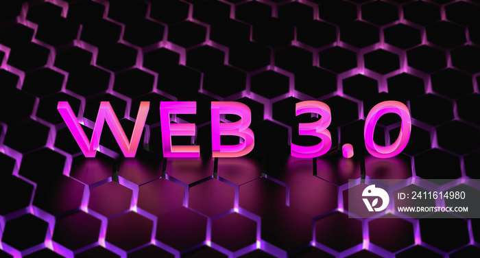 霓虹灯WEB 3.0。发光的网3抽象。霓虹灯发光的背景。3D渲染图。