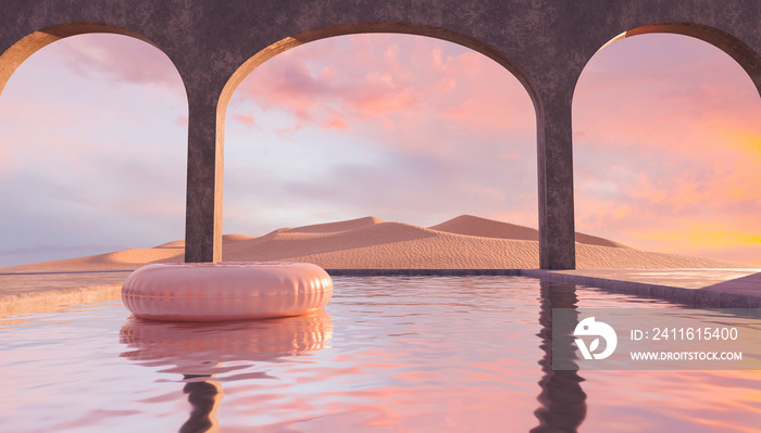 desert pool with concrete arches and float