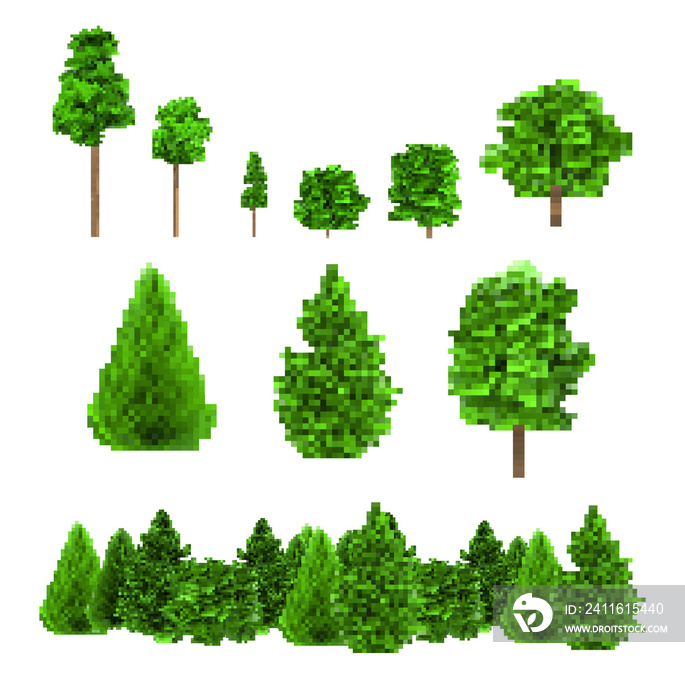 隔离在白色背景上的8位各种形状的绿树的像素艺术插图。