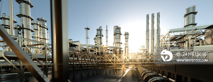 large oil refinery plant at sunrise on a clear day panoramic 3d render