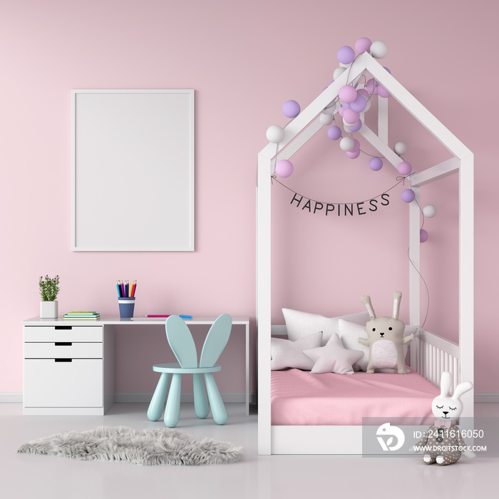 粉色儿童房模型墙上的空白相框，3D渲染