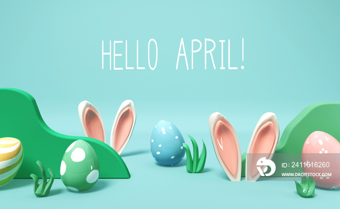 带兔子耳朵和复活节彩蛋的四月问候消息