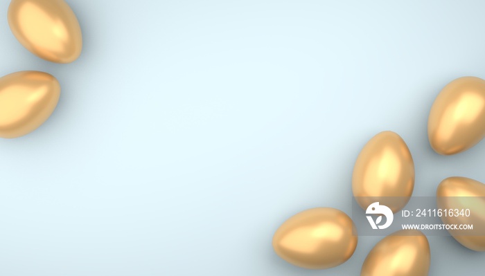 Golden Easter eggs on pastel blue background. 3D rendering.