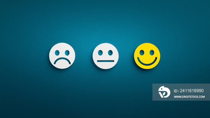 Service rating with smiley faces on blue background, panorama