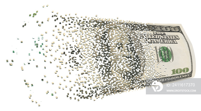 A one hundred dollar bill breaks into pixels as it flies through a cell phone. The illustration spea