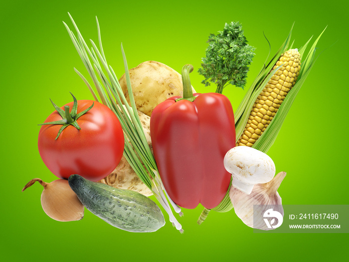 3d rendered food illustration of a a bunch of floating vegetables