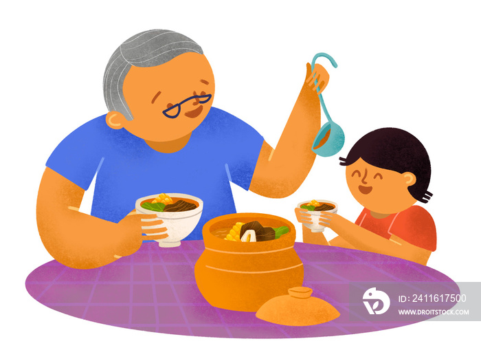 Filipino grandfather and grandson sharing bulalo in palayok