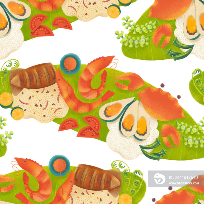 Filipino boodle fight food spread with seafood, rice, seaweed, and vegetables on banana leaves illus