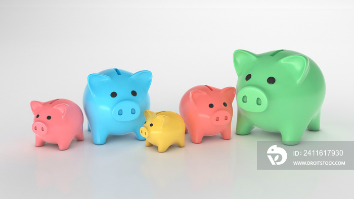 Different piggy banks. Colored piggy banks of different sizes and colors for different budget. 3d re