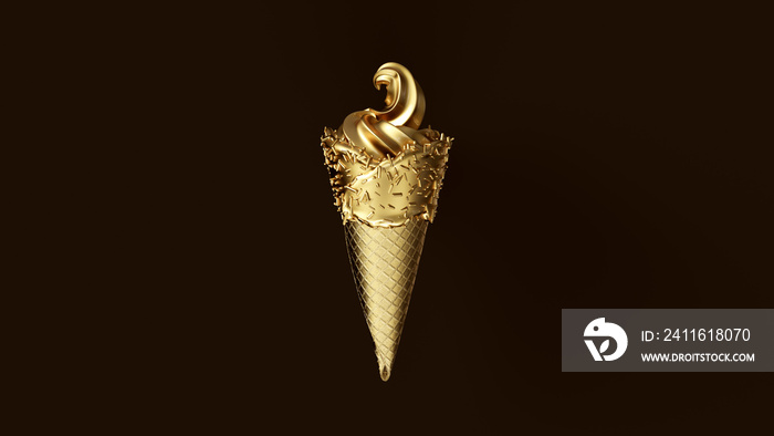 金叶冰淇淋配金叶锥和金冰配金花3d插图3d渲染图