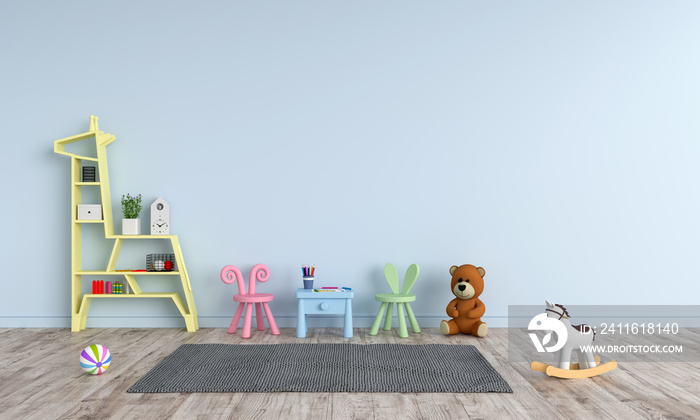 Table and chair in blue child room for mockup, 3D rendering