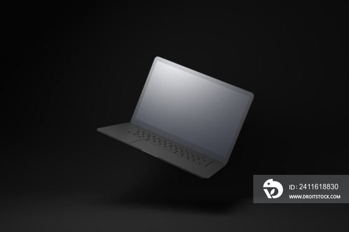 black Laptop floating on black background. minimal concept idea. 3d render.