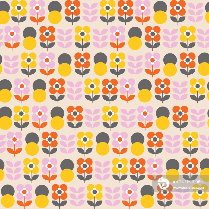 Simple flower, leaf and circle seamless pattern in pink, grey, orange and yellow. Warm colours