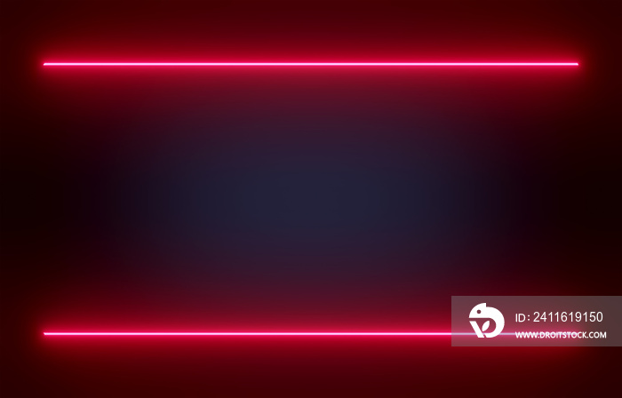 Parallel red neon light stripes on dark blue background.. Template to add your own text or message b