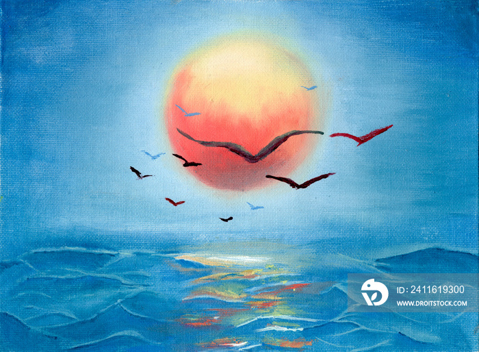 海洋上的海浪、海鸥和红色大太阳的油画