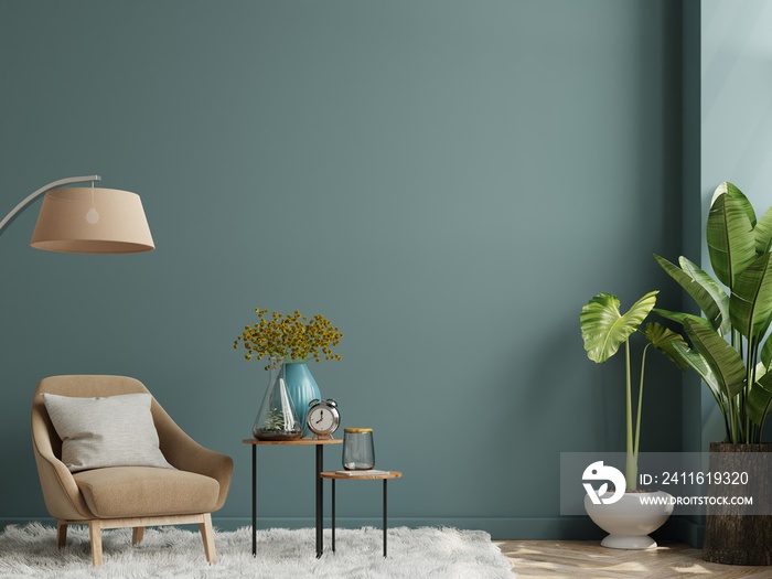 The interior has an armchair on empty dark green wall background.