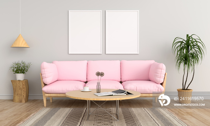 Two blank photo frame for mockup and pink sofa in living room,3D rendering