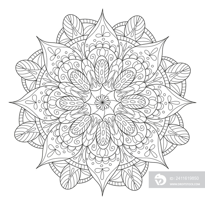 Coloring page mandala outline drawing for art therapy and meditation. Circular ornament