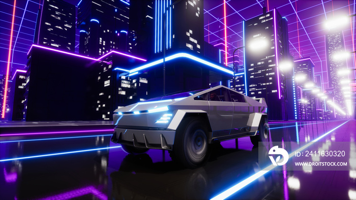 Futuristic transport car on the road in metaverse city. 3d render