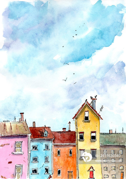 Colorful watercolor illustration of a Venecian street with funny houses made in a cratoon bright sty