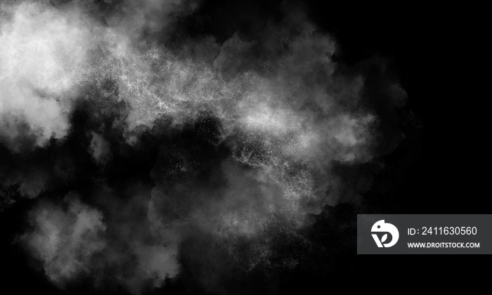 抽象的灰色烟雾覆盖了逼真的灰尘和黑色上的白色自然效果图案。