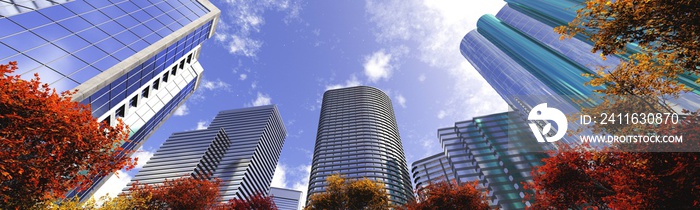 摩天大楼在天空的背景下俯瞰，现代高层建筑，城市的秋天