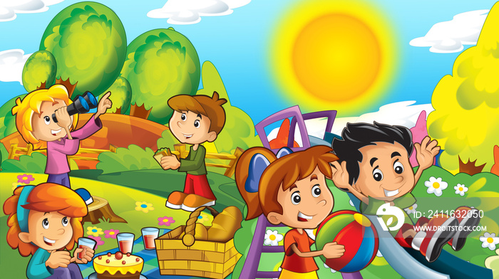 cartoon happy and funny scene with kids in the park having fun - illustration for children