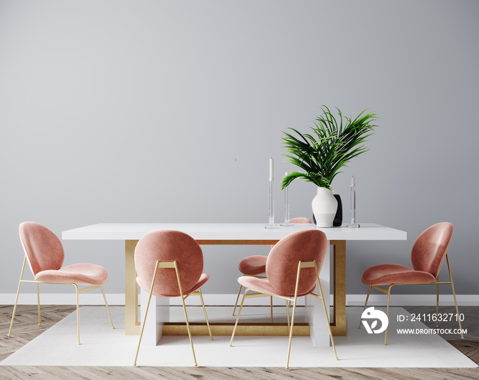 客厅室内设计场景，粉色椅子、桌子和灰色空墙，室内实体模型