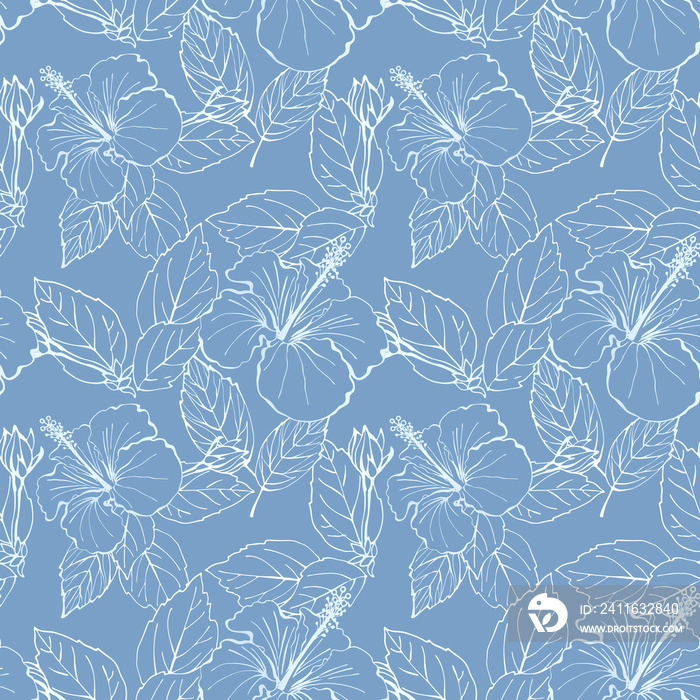 Hibiscus flower seamless pattern. Hand drawn sketch style. Line art. Mallow Chinese Rose. Herbal tea