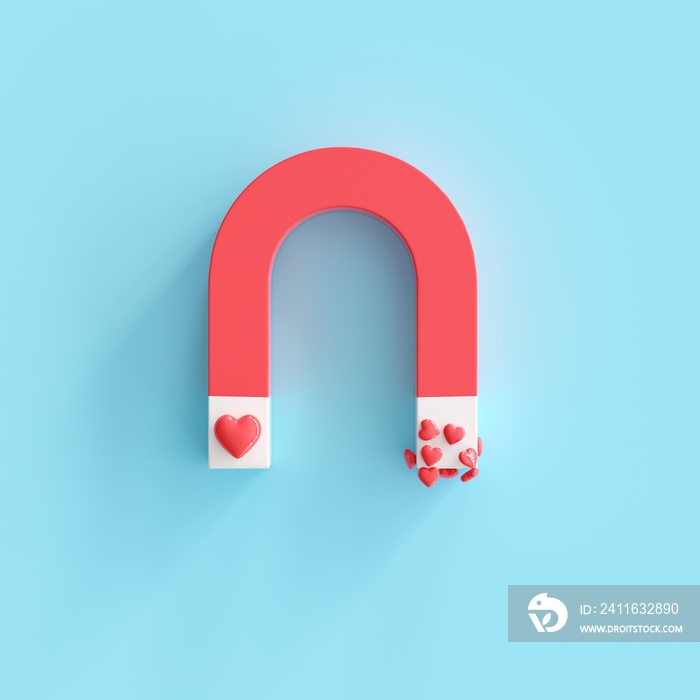 Magnet with Heart shape on pink background, minimal Valentine Idea concept. 3D Render