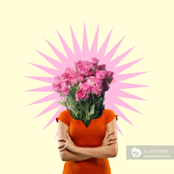 Contemporary art collage. Female body in orange shirt headed by bunch of beautiful pink roses on yel