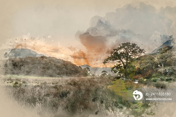 Digital watercolour painting of Beautiful foggy misty Autumn sunrise over countryside surrounding Cr