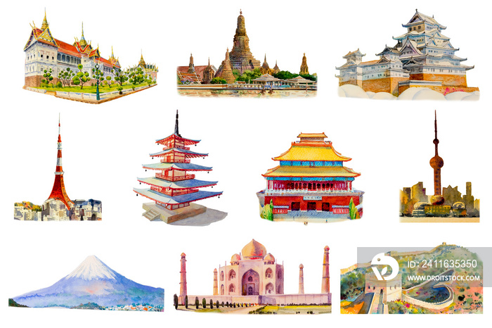Painting illustration, landmark of Asia on white background