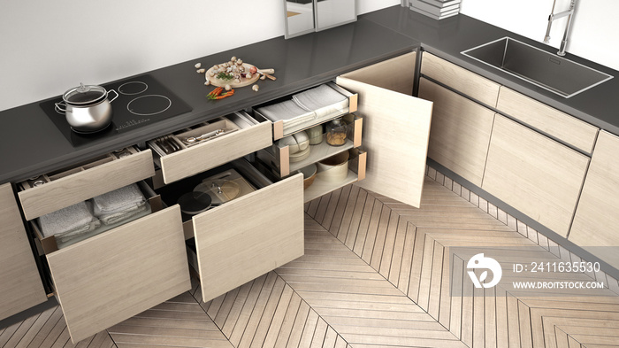 Modern kitchen top view, opened wooden drawers with accessories inside, solution for kitchen storage
