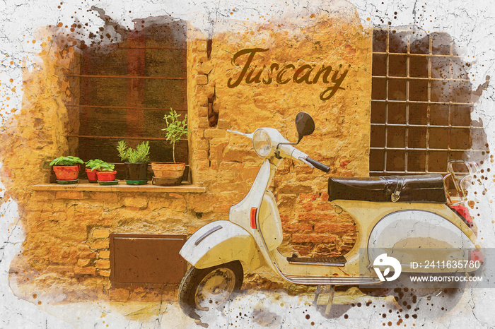 Vintage Scooter on street in Tuscany, watercolor painting