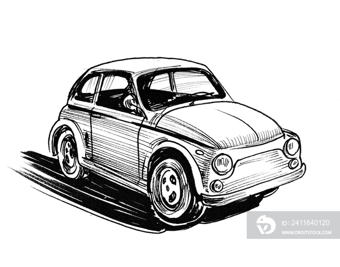 Small European car. Ink black and whit esketch