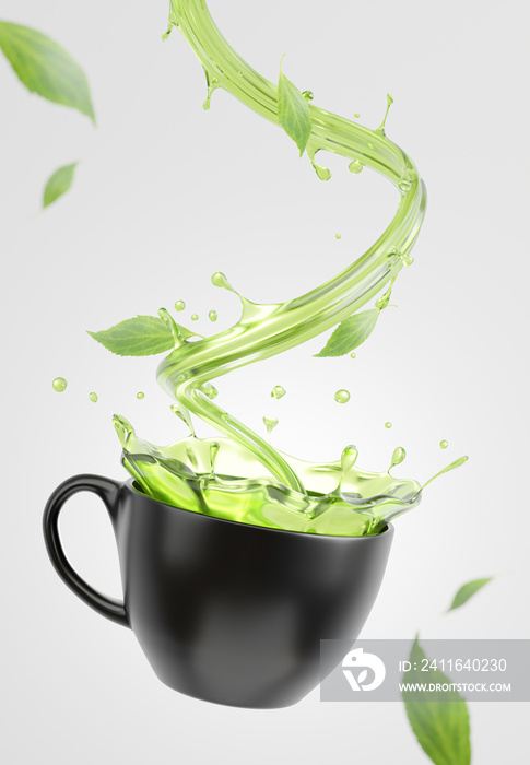 3d render of realistics green tea with tea splash