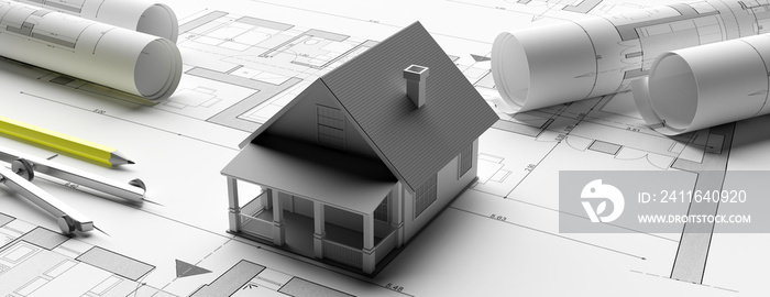 蓝图背景上的房屋模型，工程师承包商办公室。三维插图