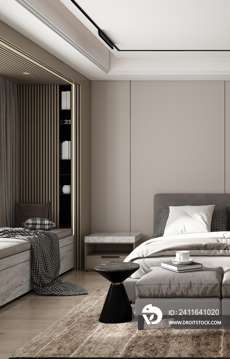 现代实体室内卧室设计和木墙背景装饰，带边桌，三维效果图