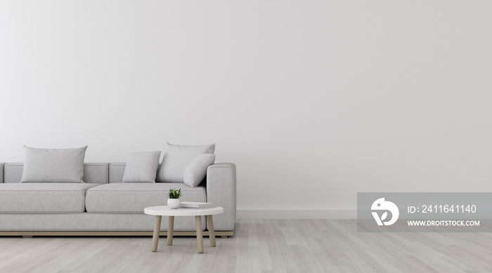 View of white living room in minimal style with sofa and small side table on laminate floor.Perspect