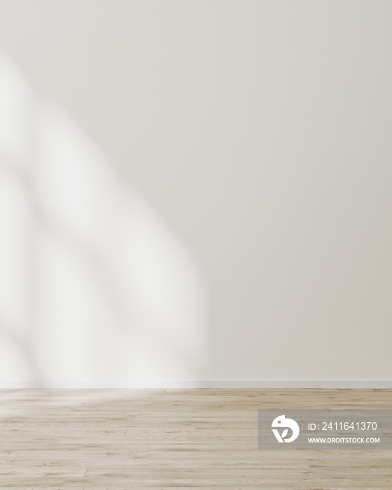 empty wall mock up, empty room with white wall with sunlight and shadows, wooden floor, 3d illustrat